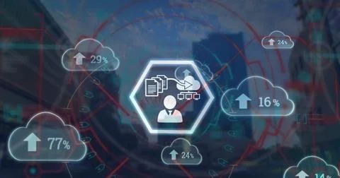 Image of data processing with icons over tall buildings Illustrazione stock