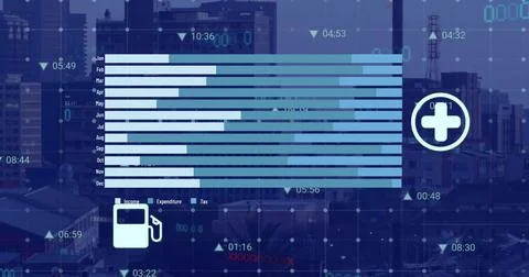 Image of data processing with icons over cityscape イラスト素材