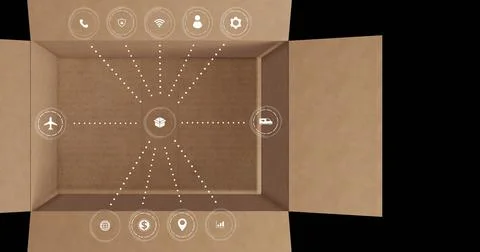 Image of data processing with icons over cardboard box Stock Photos