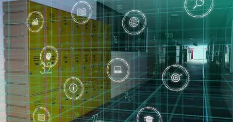 Image of data processing with icons over school corridor Stock Photos