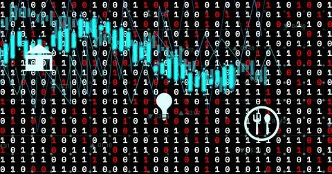 Image of data processing with icons over binary coding on black background Stock Photos