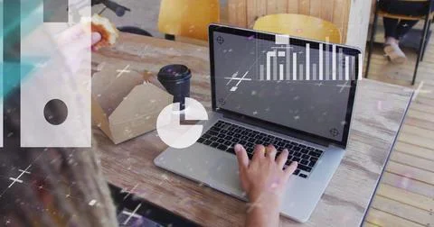 Image of data processing with icons over man using laptop Foto stock