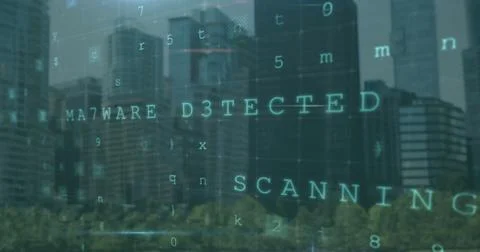 Image of data processing with icons over cityscape 스톡 사진