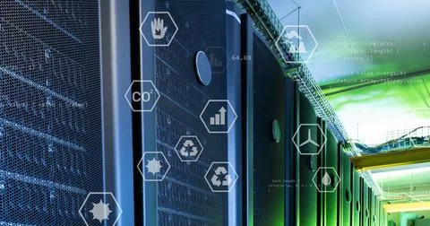 Image of data processing with icons over server room Stock Photos