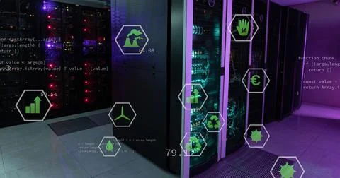 Image of data processing with icons over server room Foto stock