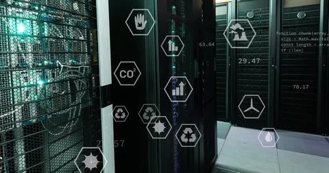 Image of data processing with icons over server room Stock Photos