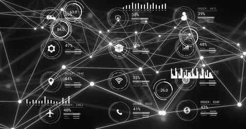 Image of data processing with icons over connections Foto stock