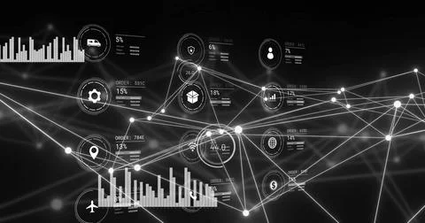 Image of data processing with icons over connections Stock Photos