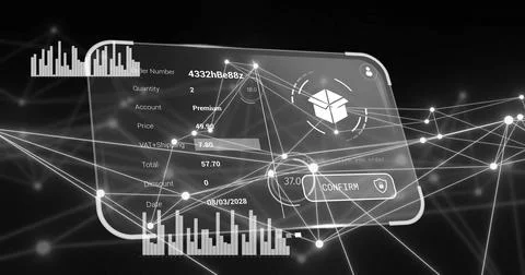 Image of data processing with icons over connections Foto stock
