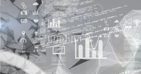 Image of data processing with icons over network of connections on white Foto stock