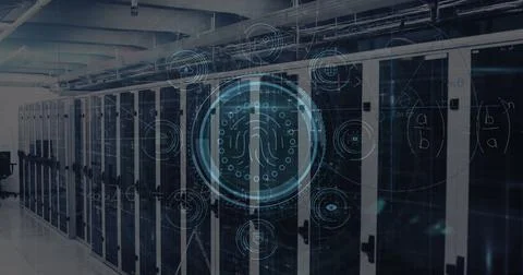 Image of data processing with icons over computer servers Foto stock