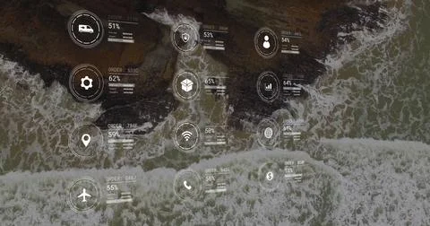 Image of data processing with icons over seaside landscape Фото
