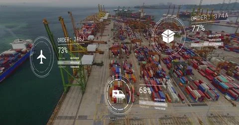 Image of data processing with icons over container port Stock Photos