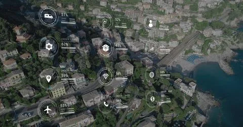 Image of data processing with icons over cityscape 库存照片