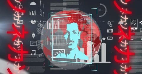 Image of data processing, icons, user photos, globe and chinese writings in Stockillustratie