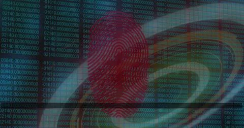 Image of data processing with iconsand digital human over shapes on black Illustrazione stock