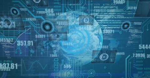 Image of data processing, integrated circuit over globe and blue background Stock Photos