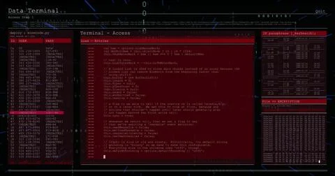 Image of data processing on interface with red and black background Illustrazione stock