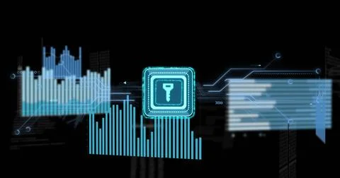 Image of data processing, key icon and circuit board over dark background Stock Illustration
