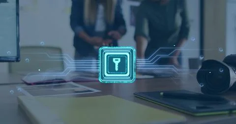 Image of data processing with keychain icon over diverse business people in Stock Photos