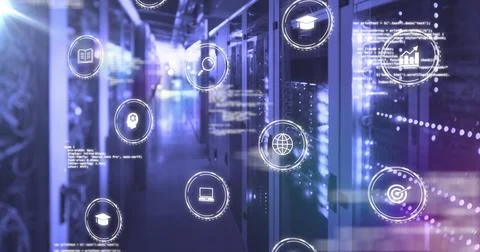 Image of data processing, light spot and multiple digital icons falling aga.. Stock Photos