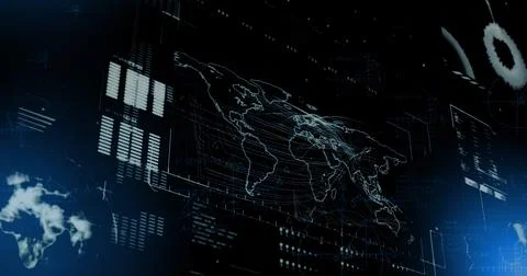 Image of data processing with light spots on black background Stockfoto's