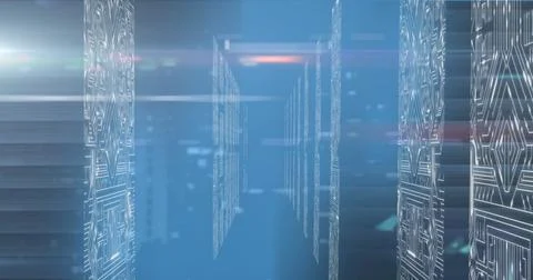 Image of data processing with light trail on computer servers on blue background 스톡 사진