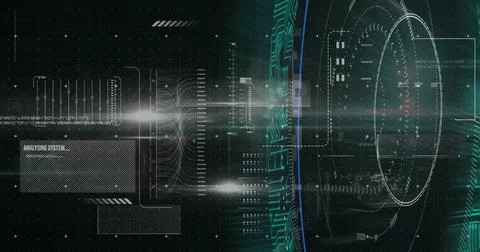 Image of data processing with light trails on black background Stock Photos