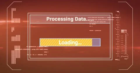 Image of data processing with loading bar on red background Stockillustratie