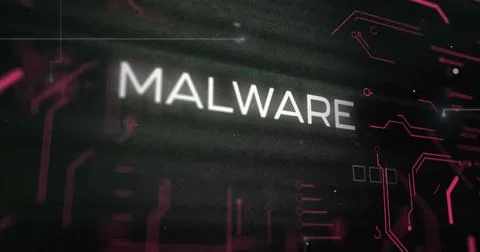 Image of data processing with malware text and computer circuit board on black Stock Illustration