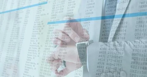 Image of data processing with man checking smartwatch on screens background Stock Illustration