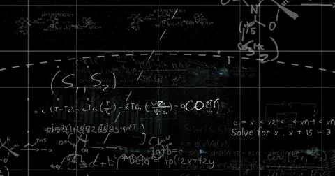 Image of data processing with mathematical equations on black background イラスト素材