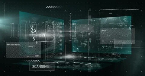 Image of data processing with mathematical equations on black background 写真素材