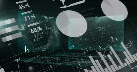 Image of data processing with mathematical equations on black background Stockfoto's