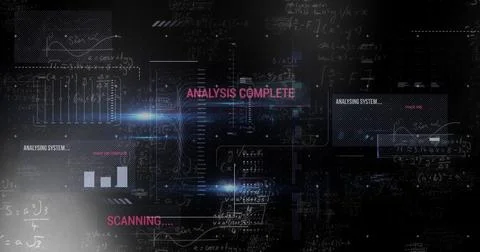 Image of data processing with mathematical equations on black background Foto stock