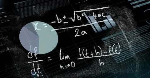 Image of data processing with mathematical equations on black background Stock Photos