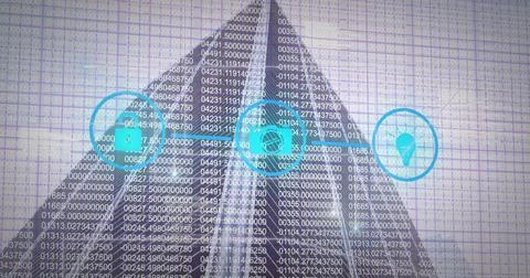 Image of data processing with media icons over cityscape 스톡 사진
