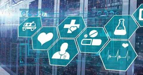 Image of data processing with medical icons over server room Foto stock