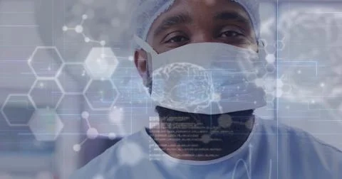 Image of data processing with molecules and brains over african american male Foto stock