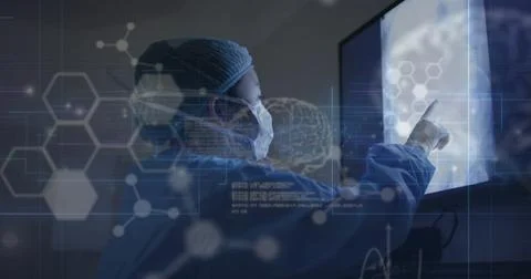 Image of data processing with molecules and brains over african american female Stock Photos