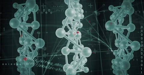 Image of data processing with molecules over dna strand on black background Foto stock
