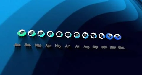 Image of data processing with months over blue shapes on black background 스톡 사진