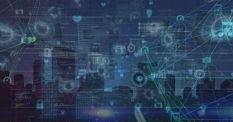 Image of data processing on moving screens over blue background イラスト素材