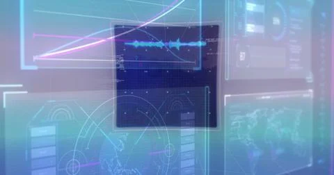 Image of data processing on moving screens over blue background Stock Illustration