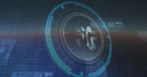 Image of data processing on moving screens and scan scoping over blue background Illustrazione stock