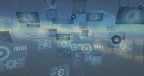 Image of data processing on moving screens over blue background Foto stock