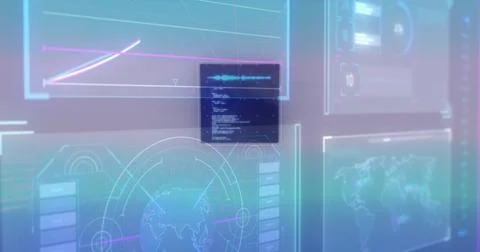 Image of data processing on moving screens over blue background Foto stock