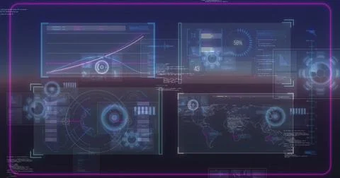 Image of data processing on moving screens over blue background Foto stock