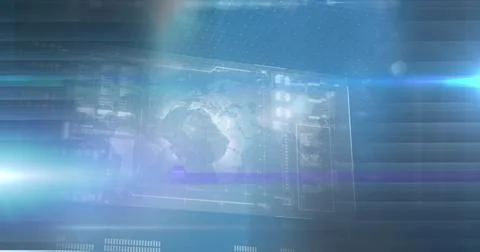 Image of data processing on moving screens on blue background Stock Photos
