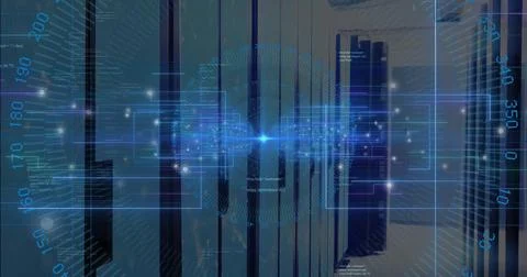 Image of data processing with neon shapes over server room Stock Photos